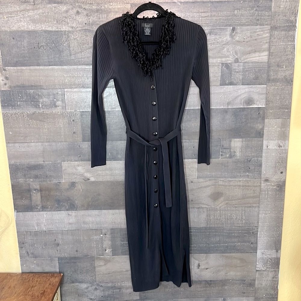 Long Black Frenchi Sweater with Ruffled Collar
